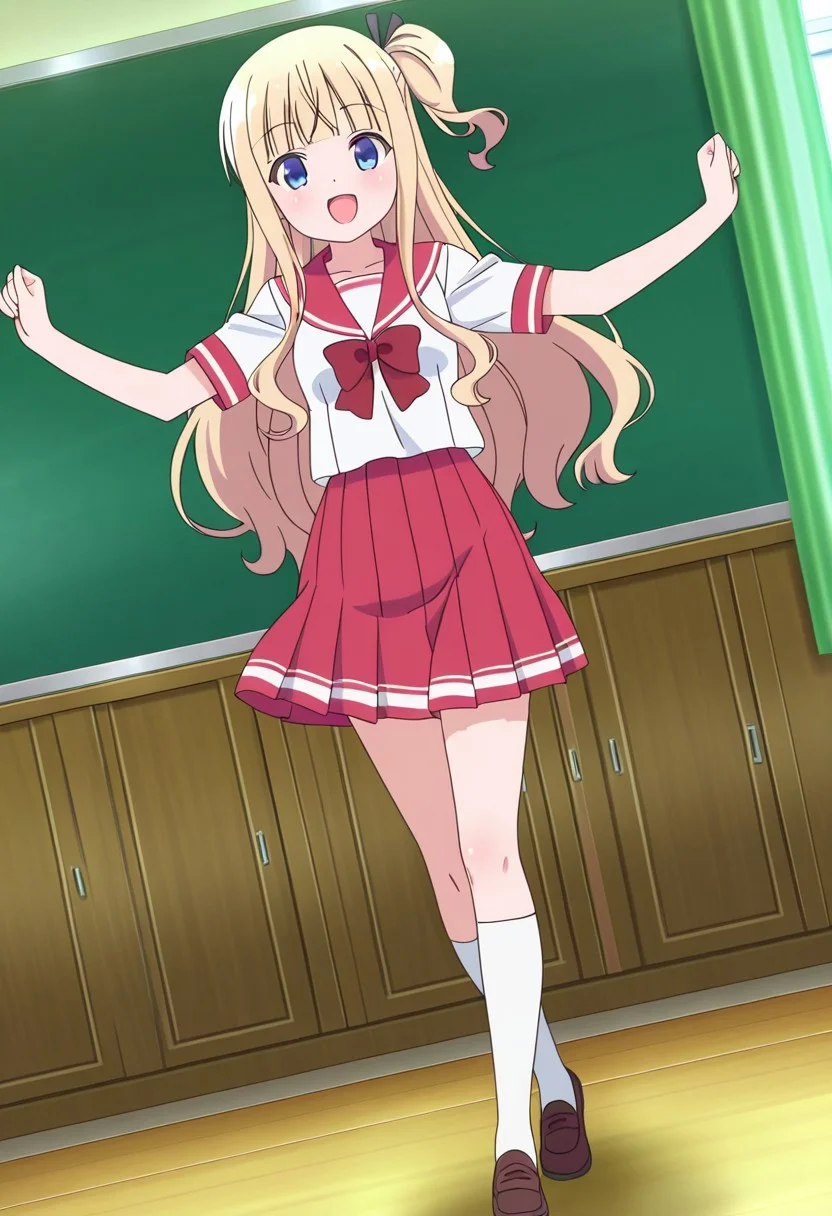 general,highres, ultra-detailed,very aesthetic,best quality ,best hands,best eyes,easynegative,
dynamic angle, dutch angle, anime cloring,anime screencap,
1girl solo,looking at viewer,school,indoors,smile,open mouth,dancing,full body,
Mayuki HIIRAGI,blonde hair,blue eyes,small breasts,short body,very long hair,short side ponytail,serafuku,