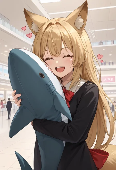 hugging, shark, stuffed shark, fox girl, light blonde long hair, tail, mall, smile, red bow in hair, solo, portrait, open mouth, closed eyes, crowd, hearts, motion lines