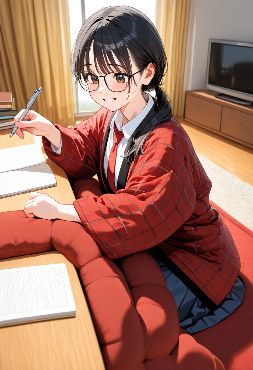 red hanten, hanten \(clothes\), 1girl, solo, glasses, black hair, long hair, low ponytail, collared shirt, red necktie, pleated skirt, white shirt, blue skirt,
holding pen, notebook, book, white shirt, sitting, kotatsu, rug, wooden table, wooden floor, television, curtains, window, happy, smile, looking at another, solo focus,
masterpiece, best quality, amazing quality, very aesthetic, absurdres,
 <lora:Clothing_hanten_illustrious_V1L_DIM4:0.5>