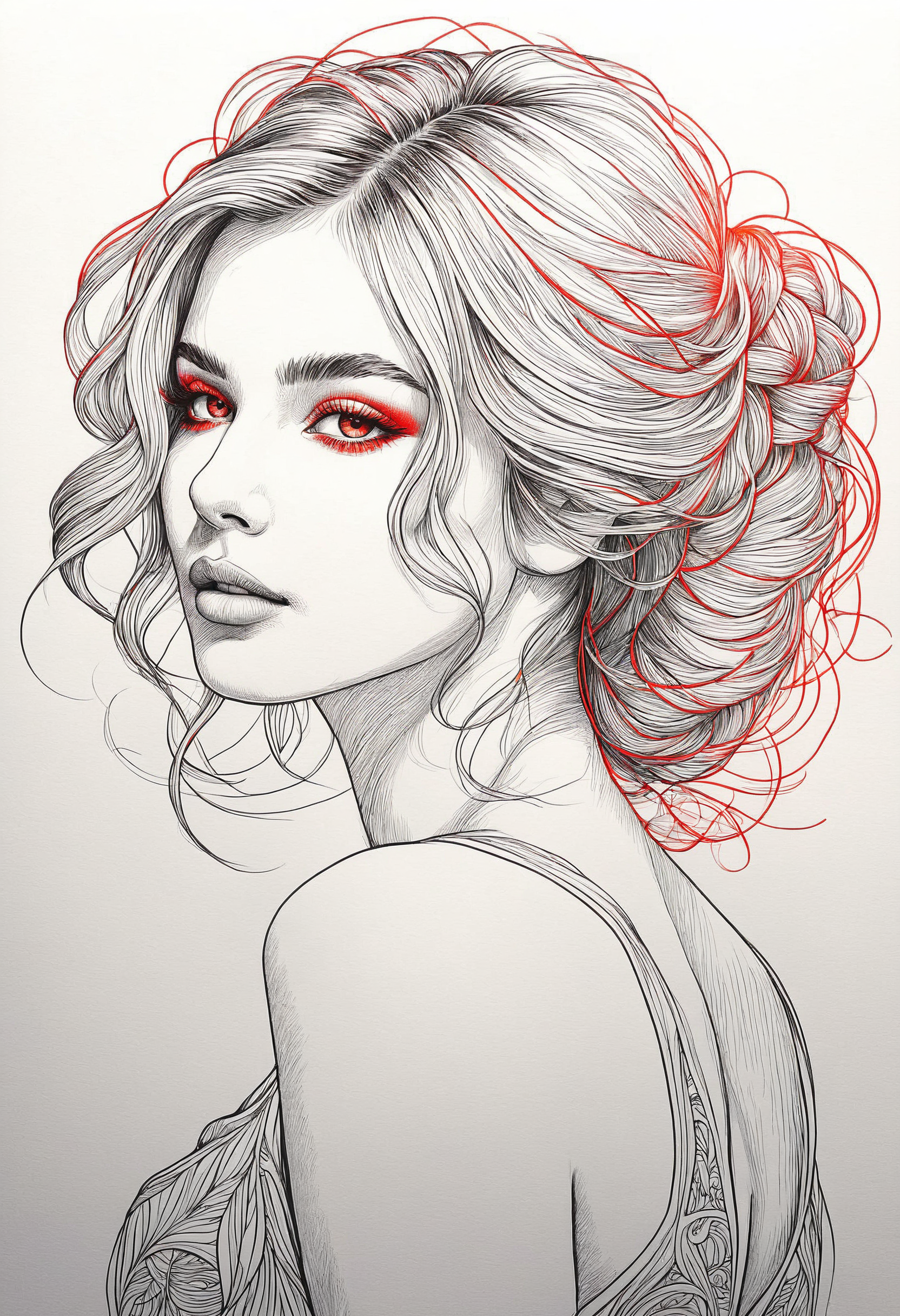 Colored Pencil Art, (masterpiece), (best quality), (ultra-detailed), Silhouette Art, line art drawing , a perfect physique nymph with her contour and features glowing red outlines. The style is minimalistic yet expressive and elegant, with her slender figure contour smoothly transitioning between sharp angles and flowing curves to define her elegant brightly backlit silhouette. The image radiates a glowing energy, with the backlit giving the impression of a light source that's both saturated and delicate, chiaroscuro.  <lora:InkArtXL_1.2:0.4>  . professional, sleek, modern, minimalist, graphic, line art, vector graphics, high contrast, well defined, Silhouette Art, illustration, disheveled hair, detailed eyes, perfect composition, moist skin, intricate details, by wlop, colored pencil strokes, light color, visible paper texture, colored pencil art