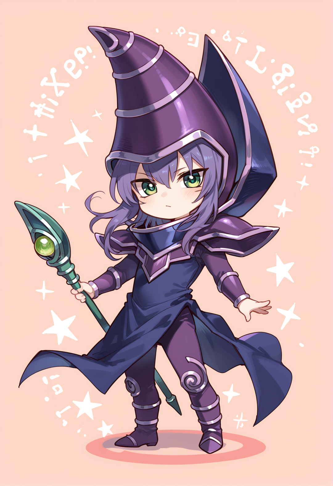 (score_9:0.9),score_8_up,score_7_up,rating_safe,(zPDXL),(zPDXL3),<lora:Dark Magician ponyXL v1.2:0.72>,dark magician, solo, green eyes, purple wizard hat, staff, chibi,  purple hair, purple thigh boots, full body, male focus, looking at viewer, 1boy, purple wizard clothes, holding staff