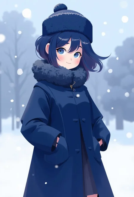 anime, cartoon, 2d flat illustration,
a magical girl, dark blue hair, dark blue long coat, furry coat, smile, looking at viewer, dark blue headgear, Chinese outfit, Russian hat, Ushanka cap,
outdoors, snowing, snow, depth of field,