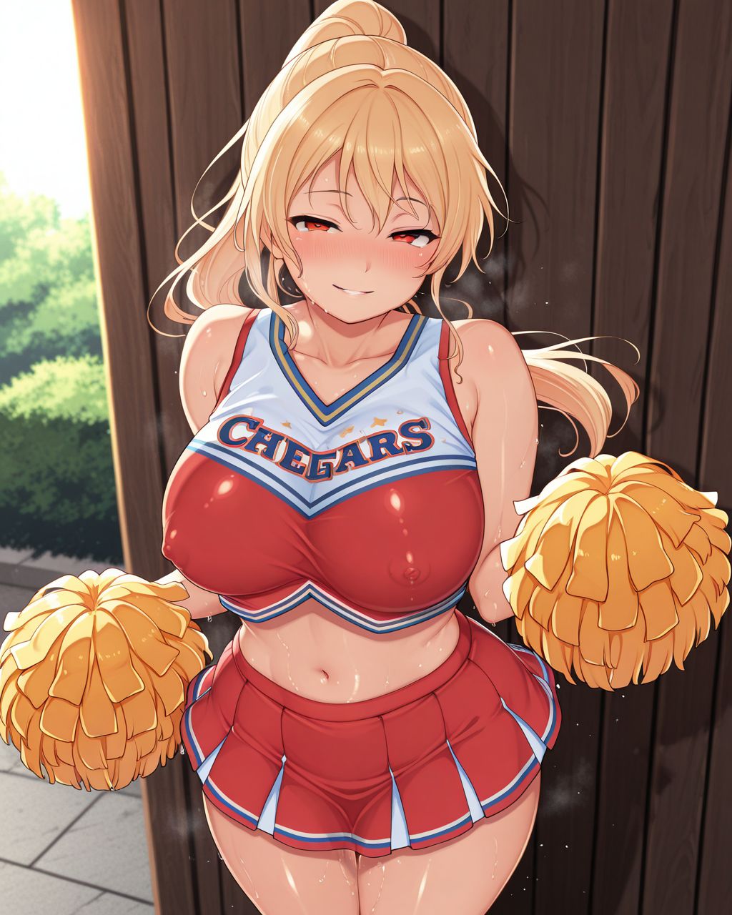 solo, standing, BREAK
1girl,big breasts,lovestruck,seductive smile,in heat,embarrassed,BREAK
blonde hair,long hair,red eyes,cheerleader,BREAK
shiny skin,erect nipples,outdoors, sweat,BREAK
masterpiece,best quality,amazing quality,explicit, <lora:A_N_ILL:0.8><lora:総司Ill:0.75>
