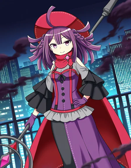 masterpiece, best quality, newest, absurdres, highres, safe, 1girl, sarasa hanna, magia record: mahou shoujo madoka magica gaiden, holding staff, solo, smile, city, night, smoke, dutch angle, <lora:sarasa_hanna_noobaiXLNAIXL_vPred10Version:0.7>