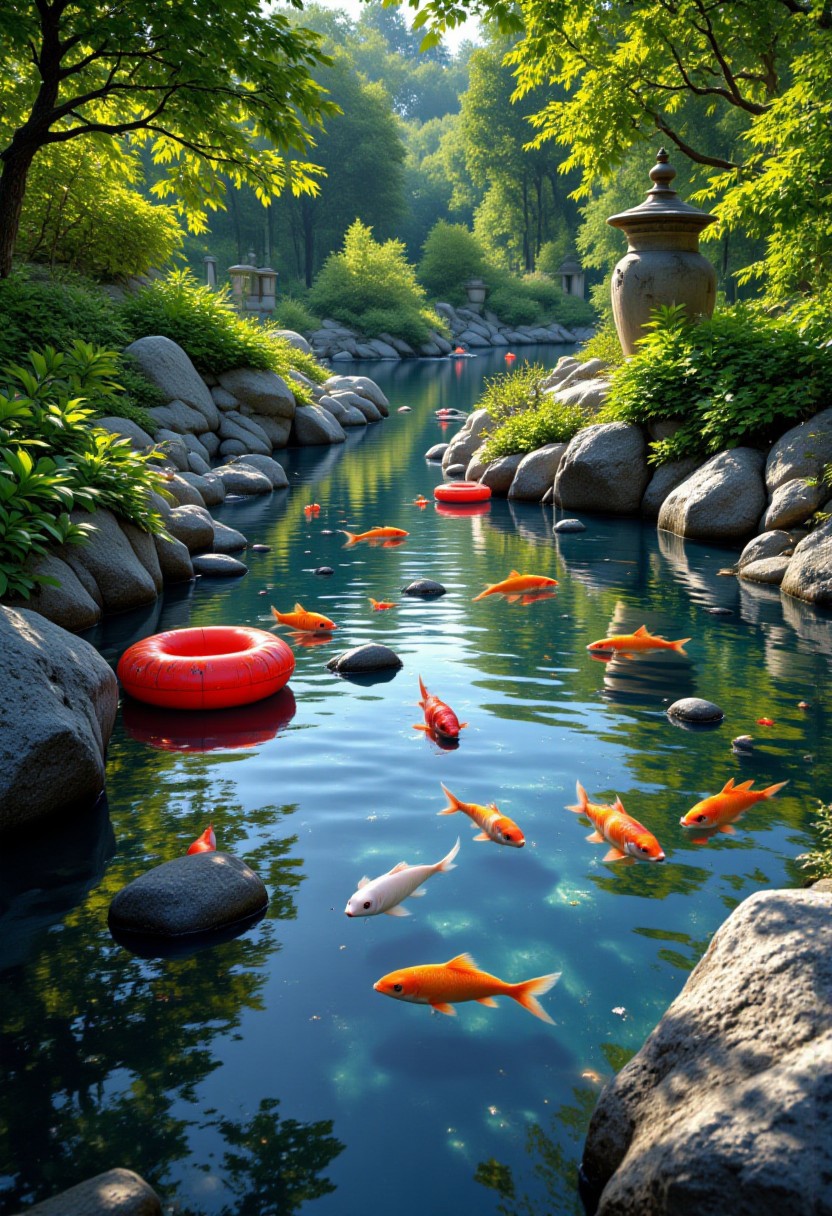 A serene, sunlit pond scene, captured in a photorealistic style. The water, a deep, reflective blue, mirrors the clear sky above, with subtle ripples disturbing the surface. Several vibrant orange koi fish swim just below, their scales catching the light. The pond's edge is defined by a natural border of smooth, gray rocks and pebbles, varying in size and texture, creating a tactile feel. Lush, green plants surround the pond, including large-leafed specimens with prominent veins, their leaves reaching towards the water. Two bright red, dome-shaped floats rest on the water's surface, adding a pop of color and a sense of playful contrast. A large, weathered gray urn, partially obscured by foliage, stands in the upper right, its classical silhouette adding a touch of antiquity. A green metal fence, slightly blurred, forms a distant backdrop, suggesting an enclosed garden space. Sunlight filters through the scene, creating soft shadows and highlighting the textures of the rocks and plants. Capture the tranquility and natural beauty of the pond, emphasizing the details of the koi fish, the rocks, and the reflections on the water. Use a natural color palette with a focus on blues, greens, oranges, and grays. Render the scene with high detail and realistic textures, creating a sense of depth and immersion.