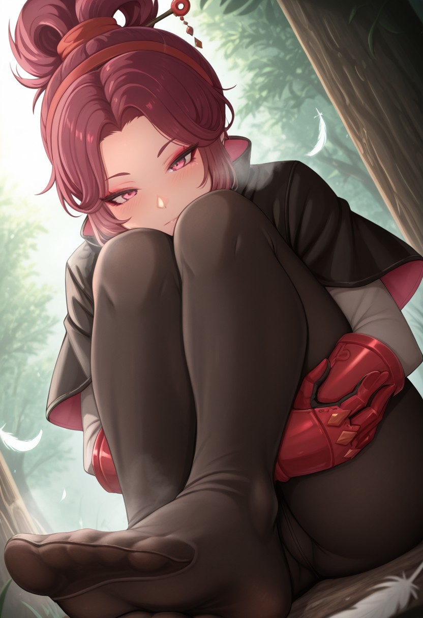 rubewe, outdoors, undershirt, falling feathers, black bodysuit, hair stick, hugging own legs, , gauntlets,   eyeshadow,   red gloves,  high ponytail,  , black capelet, red hairband, pink eyes, 1girl, solo, feet, visible breath,   dynamic angle, foreshortening, smell, steam,