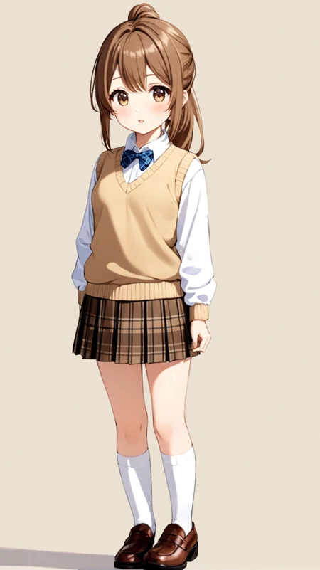 masterpiece,best quaity,
yuna toomi
1girl,solo, brown hair, ponytail,
brown eyes,
school uniform, white shirt, collared shirt, long sleeves
plaid skirt, pleated skirt,
white kneehighs,
brown footwear,
sweater vest, beige sweater,
standing,
full body,
simple background,