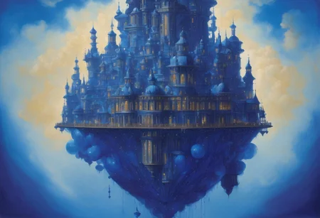 award winning painting of a floating castle in the air, epic composition, detailed, parts made of deep blue crystal, intricate, the greatest painting ever