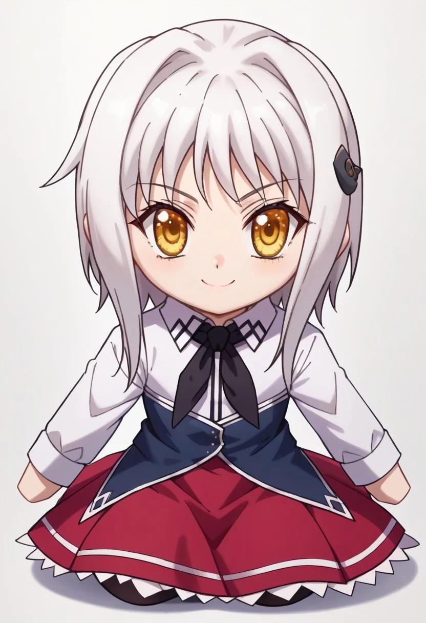 score_9, score_8_up, score_7_up, source_anime, 1girl, koneko toujou, short hair, hair ornament, yellow eyes, white hair, skirt, school uniform, shirt, white shirt, collared shirt, neckerchief, black neckerchief, long sleeves, red skirt, plushieSDXL, solo, chibi, white background, sitting, smile