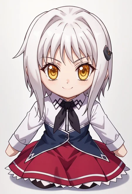 score_9, score_8_up, score_7_up, source_anime, 1girl, koneko toujou, short hair, hair ornament, yellow eyes, white hair, skirt, school uniform, shirt, white shirt, collared shirt, neckerchief, black neckerchief, long sleeves, red skirt, plushieSDXL, solo, chibi, white background, sitting, smile