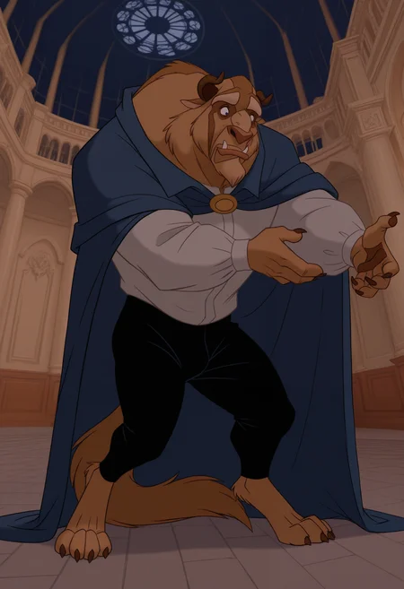 masterpiece,best quality,amazing quality, 1boy, solo, b34st, furry, blue cape, white shirt, black pants, tail, full body, mansion,