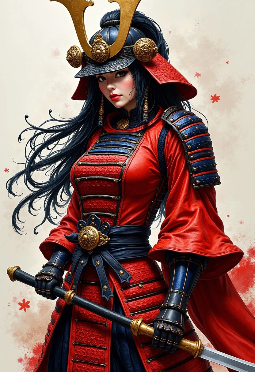 masterpiece, ink and crayon art of a female samurai, traditional red leather armour, samurai helmet, erotic, sexy, HD32K, wallpaper, hyperdetailed, concept art