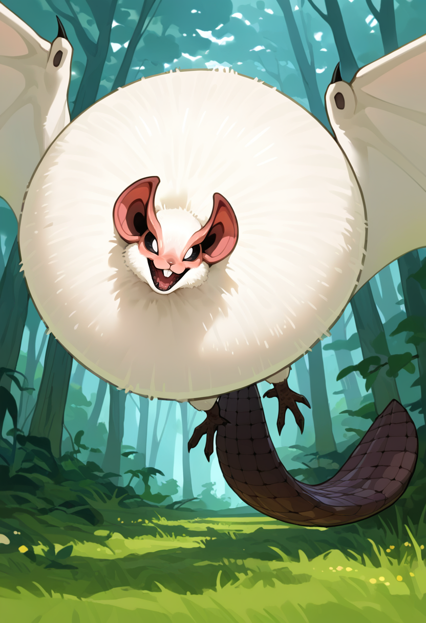 <lora:MH_Paolumu_a1_13_NoobXL-eps:1>,<lora:EatSleep1111StyleSDXL11:0.7>,<lora:merrytailSDXLstyle:0.3>,eatsleep1111,merrytail,masterpiece,best quality,amazing quality,high quality,very aesthetic,absurdres,newest,shaded,digital media \(artwork\),depth of field,solo,mhplmu,feral,detailed background,white eyes,black sclera,three-quarter view,pose,tail,forest,(large neck tuft:1.3),winged arms,buckteeth,white fur,brown scales,flying,open mouth,
