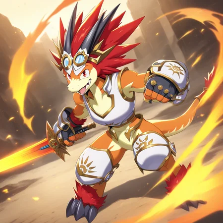 <lora:bal_V1-1>,sun dragon bal,solo,armor,goggles,goggles on head,clenched hands,weapon,standing,fang,fangs,gauntlets,1boy,knee pads,breastplate,fingerless gloves,official art,orange fur,furry,furry male,holding sword,masterpiece,high score,great score,absurdres,