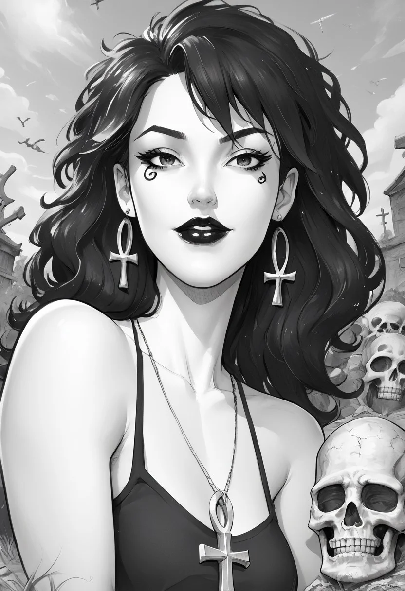 dsk_death, 1girl, earrings, jewelry, necklace, ankh necklace, monochrome, traditional media, sketch, black lips, cross earrings, long hair, lipstick, makeup, skull, looking at viewer, comic art style, death_of_the_endless\(sandman\), greyscale, monochrome, cinematic angle, cinematic lighting, BREAK zPDXL2 PonyXLV6_Scores