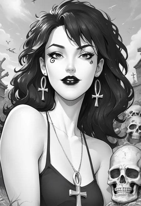 dsk_death, 1girl, earrings, jewelry, necklace, ankh necklace, monochrome, traditional media, sketch, black lips, cross earrings, long hair, lipstick, makeup, skull, looking at viewer, comic art style, death_of_the_endless\(sandman\), greyscale, monochrome, cinematic angle, cinematic lighting, BREAK zPDXL2 PonyXLV6_Scores