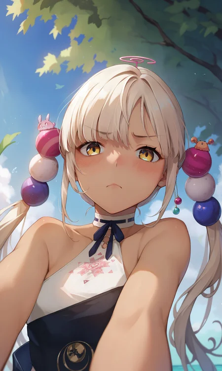 score_9, score_8_up, score_7_up, score_6_up, score_5_up, score_4_up, source_anime, BREAK 1girl, solo, tsukumo_sana, light brown hair, hair ornament, twintails, dark-skinned female, bare shoulders, looking at viewer, scenery, pout, blush, pov, <lora:tsukumo_sana-000150:1.0>