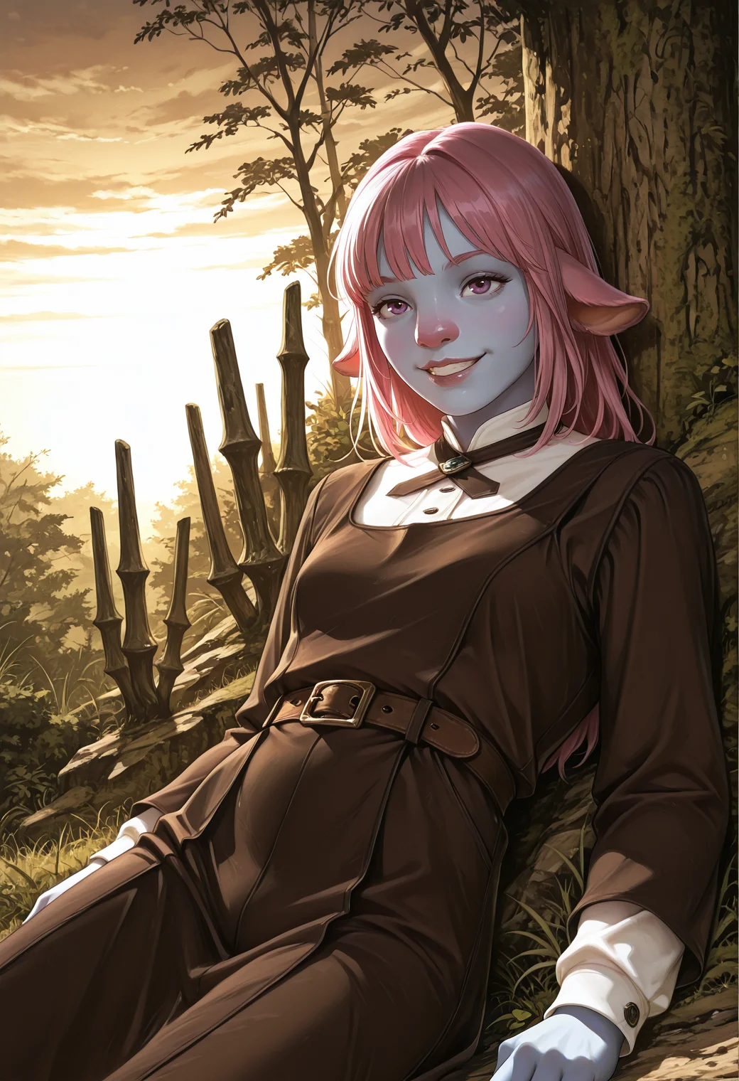 very awa, lineart, [sei shoujo], [yoshiten], style parody, [bang dream!], [arcane: league of legends], [league of legends], (dynamic angle:1.3), (cowboy shot:1.2) BREAK 1girl, solo, <lora:Firbolg:0.7> (Firbolg:1.3), furry, (big nose:1.2), animal ears, (sidewise floppy ears), deep pink hair, fade cut hair, purple eyes, (light blue skin:1.2), stocky body, , flat chested, perfect hands, dark lips, (inspired), wide grin,side eye BREAK wearing rustic hooded (detailed yellow_orange and pale black leather pinafore dress), round back with criss cross tie up, gaiters, BREAK medieval, fantasy, outdoors, detailed landscape, tropical jungle, trees, overgrown jungle, trees, debris,shrubs,grass, reclining, sitting, yokozuwari , arms relaxed, against tree, winter, winter_clothes, sunrise, soft light, long shadows, yellow sky, gradient sky, cloudy sky, sunlight,, cinematic lighting BREAK <lora:Expression_Detailer_Illustrious_Lora:0.7> <lora:DarkerThanDarkIllustriousV1:0.5> <lora:Haibane_Renmei_Style_Illu_Edition:0.7> HR-Illu