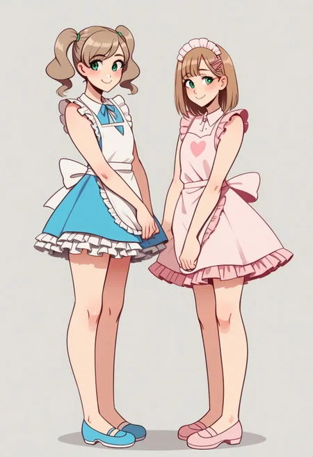 femboy, pink highlight, diaper, diaper under skirt, shoulder length hair, light brown hair, androgynous, blush, smile, adult, 22 years old, source_anime, pigtails, green eyes, only 1 boy, wearing dr3ss, satin maid outfit, short poofy voluminous skirt, frills, apron, petticoat
