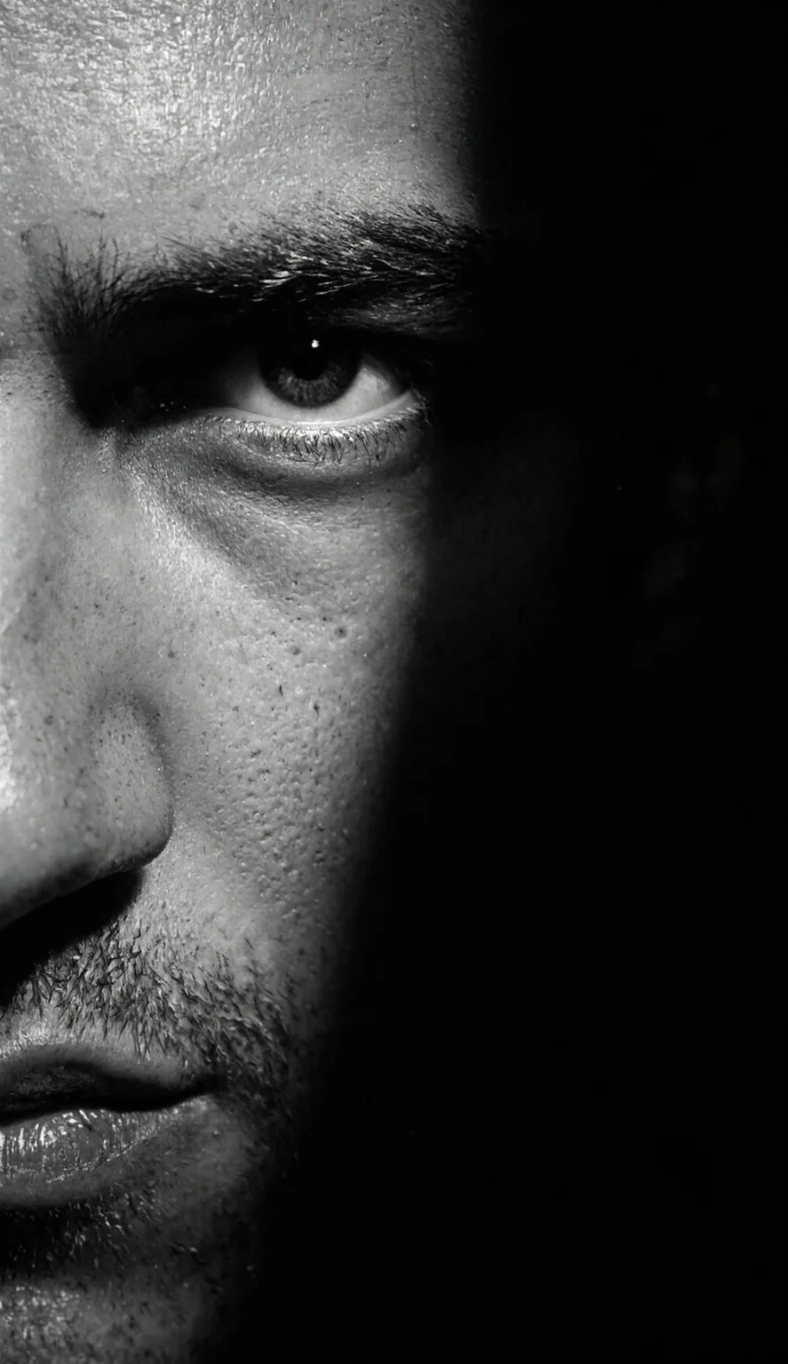 A dramatic, high-contrast black and white portrait photograph, reminiscent of film noir, focuses on a man’s face. Strong side lighting casts deep shadows across one side of his face, emphasizing the angularity of his cheekbones and jawline. The light source appears to be positioned high and to the left, creating a stark division between light and shadow. 
His expression is intense and brooding, with a slight furrow in his brow and a direct, unwavering gaze. The man has short, dark hair, neatly styled, and visible stubble suggesting a rugged, masculine appearance. His eyes are dark and piercing, conveying a sense of determination or perhaps melancholy. 
The texture of his skin is visible, with subtle imperfections and lines adding to the realism of the portrait. The background is completely black, isolating the man’s face and intensifying the dramatic effect. The composition is tightly cropped, focusing solely on his head and shoulders. 
The overall mood is one of mystery, intensity, and perhaps a hint of danger. The high contrast and dramatic lighting create a sense of tension and intrigue. The photograph appears to be a studio portrait, carefully composed and lit to emphasize the man’s features and convey a specific emotional state. The style evokes classic Hollywood portraits of the 1940s and 1950s, with a focus on strong lighting and dramatic composition.