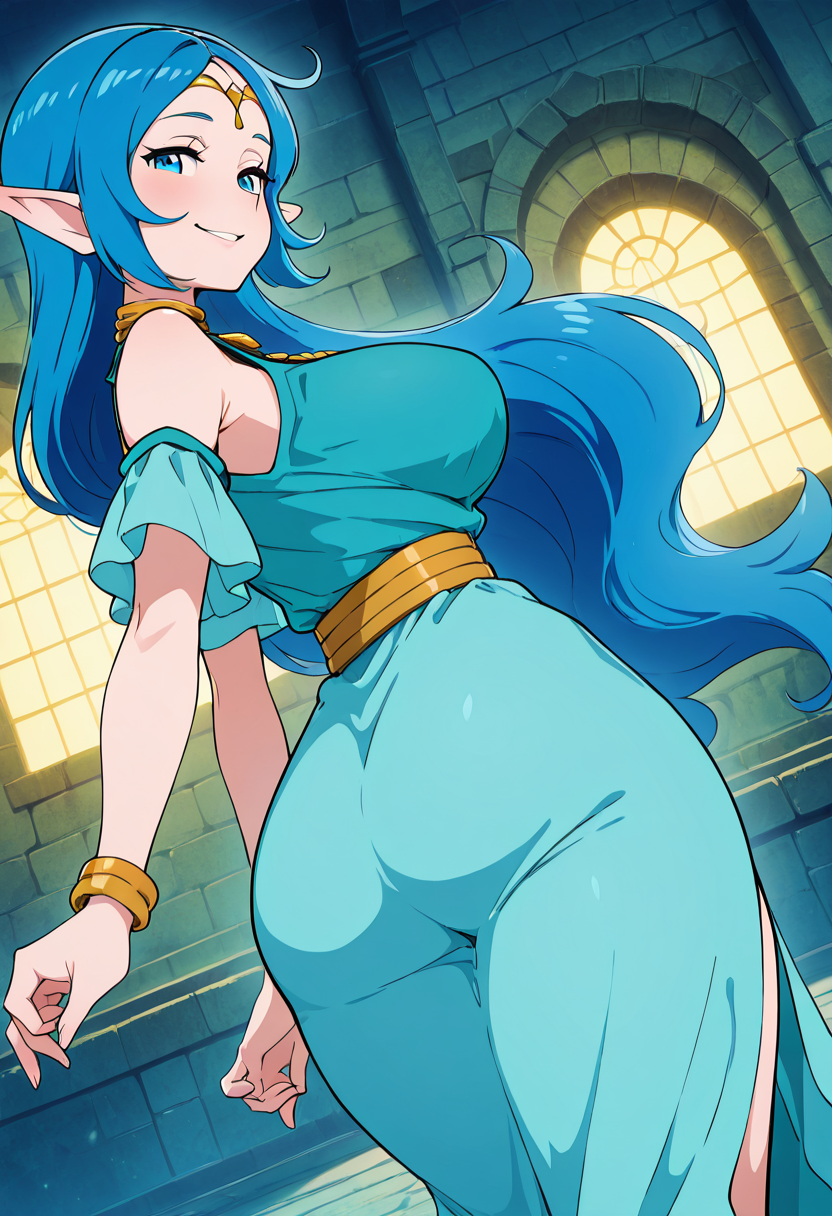 masterpiece, best quality, solo, curvy, beautiful eyes, narrow waist, wide hips, 1girl, solo, smile, looking at viewer, foreshortening, close up, anime screenshot,    zzNayru, blue eyes, blue hair, bare shoulders, jewelry, very long hair, blue dress, elf, circlet, large breasts, ,<lora:NayruZelda_IXL_v2:1.0>,over the shoulder, cowboy shot, smirk, looking back,  looking at viewer,