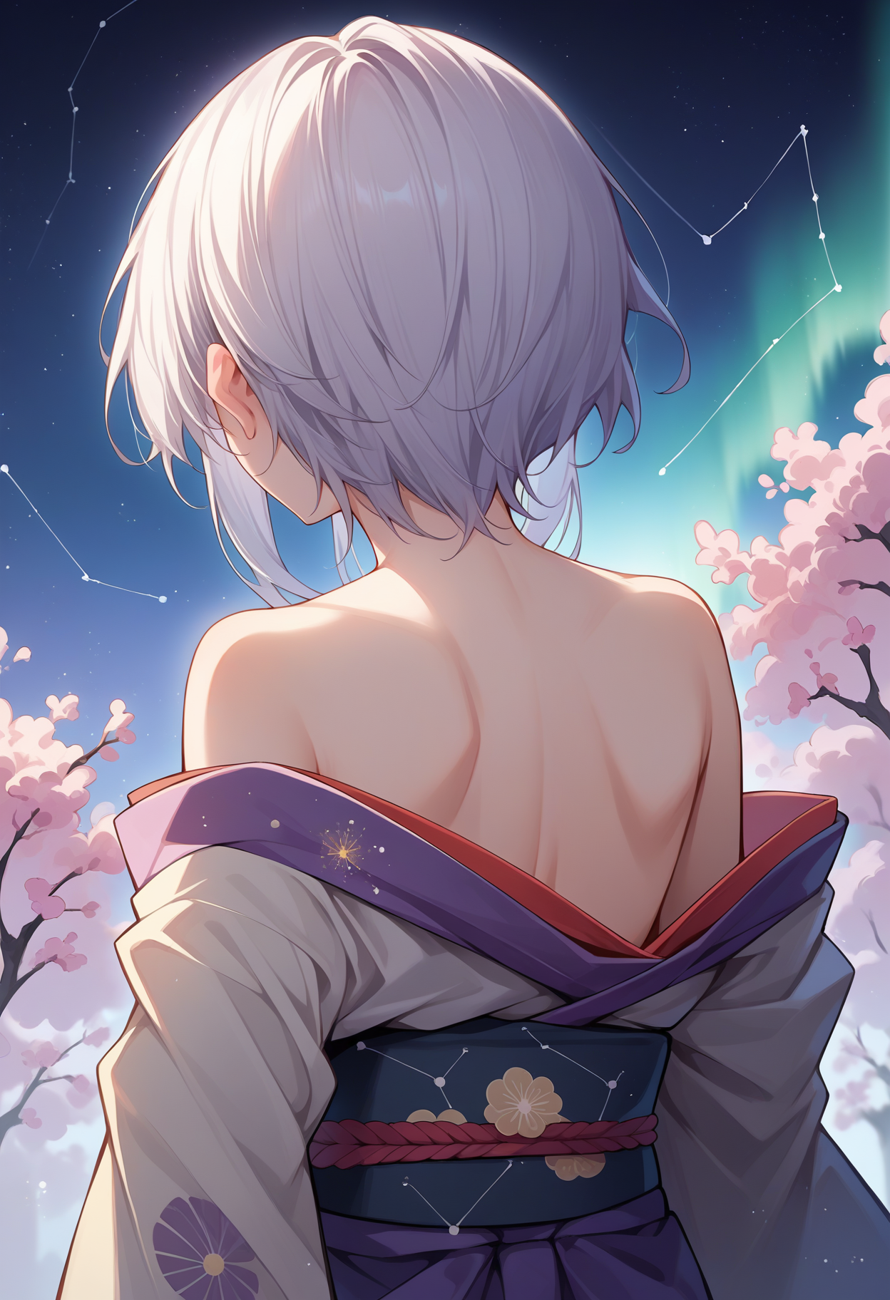 score_9, score_8_up, source_anime, 1girl, solo, HimejiShirayuki, medium hair, sidelocks, aurora, back, bare back, bare shoulders, constellation, from behind, kimono, light particles, long sleeves, off shoulder, <lora:ChamHimejiShirayukiPonyXL:1>