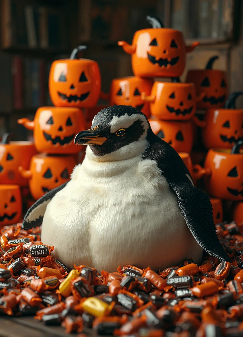 A semi-realistic scene showcasing an obese penguin, its plump body nestled amidst a veritable mountain of discarded candy bar wrappers. The penguin's expression is one of sheepish contentment, its eyes half-lidded as it appears to savor the lingering sweetness on its beak. In the background, a towering stack of empty jack-o'-lantern-shaped candy buckets stands as a testament to the penguin's insatiable sweet tooth. The lighting is warm and inviting, casting a cozy glow over the scene and adding to the sense of indulgence and comfort. The penguin's feathers are rendered with meticulous detail, each one capturing the subtle sheen and texture of its plumage. The overall composition is both humorous and endearing, inviting the viewer to empathize with the penguin's struggle with its own gluttony while also appreciating the whimsical and charming nature of the scene.