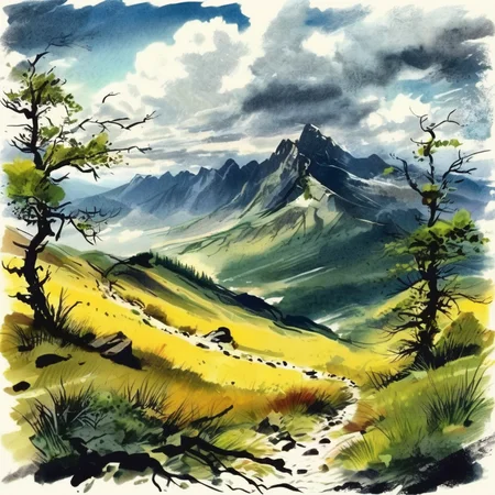 grabianski mountain landscape, path, old trees, vegetation, mountains in the background, sky with clouds
<lora:grabianski:1>