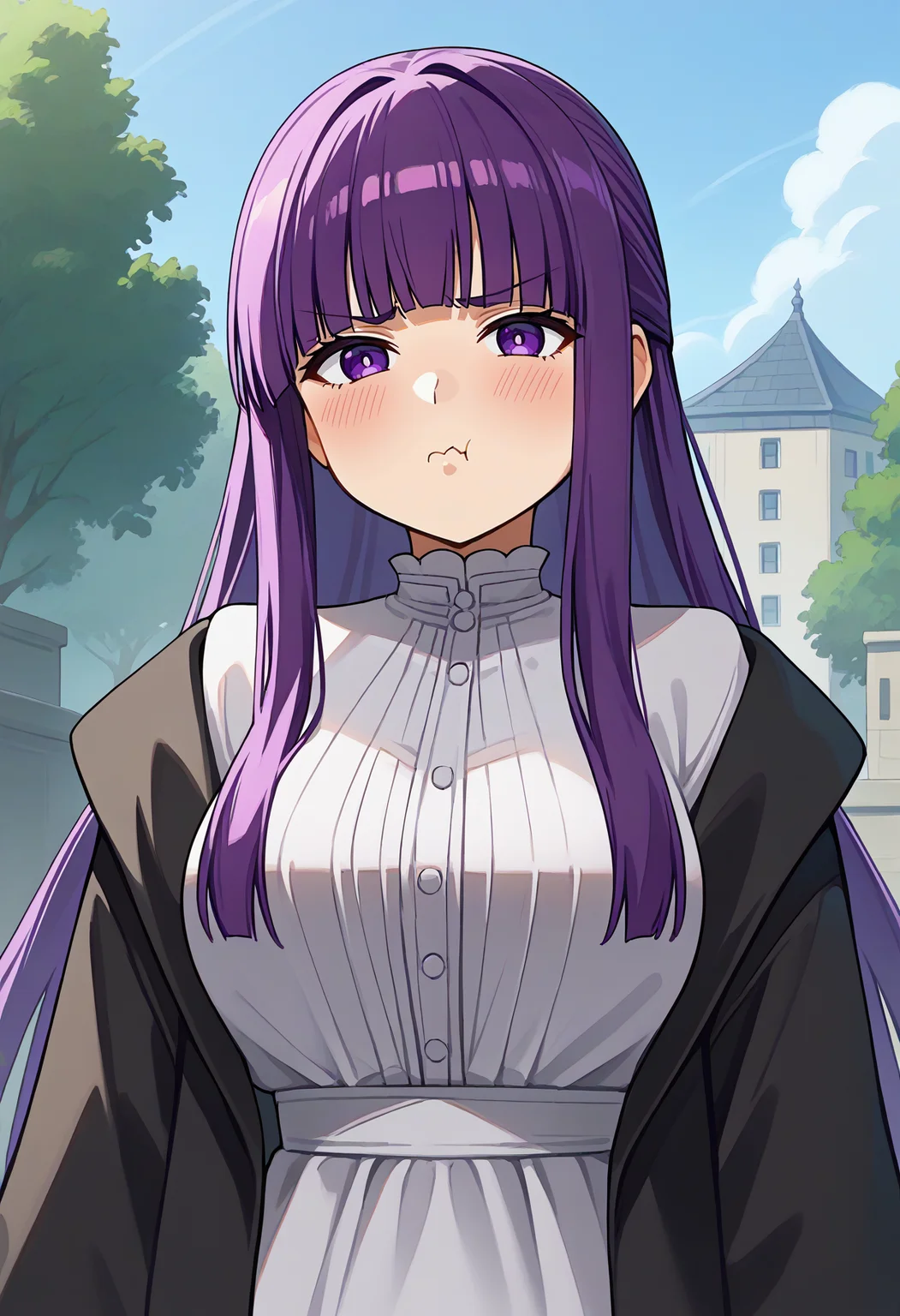 score_9, score_8_up, score_7_up, source_anime, 1girl, fern \(sousou no frieren\), large breasts, long hair, purple hair, blunt bangs, half updo, purple eyes, open robe, long dress, pout, puffy cheeks, looking at viewer, serious, blush, upper body, outdoors <lora:brj-fern-pony-v0.5:1>