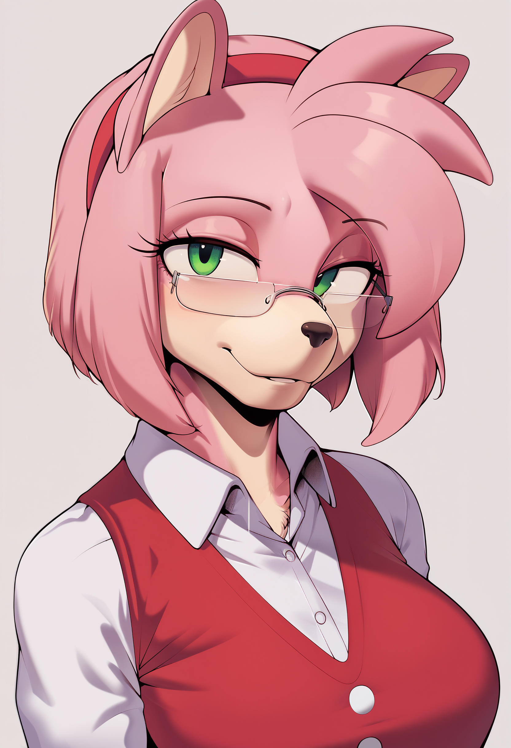 <lora:cervina7-guy-PONY-DORAv201:1> cervina7, score_9, score_7_up, 1girl, solo, furry, amy rose, collared shirt, glasses, looking at viewer, teacher, simple background, portrait
