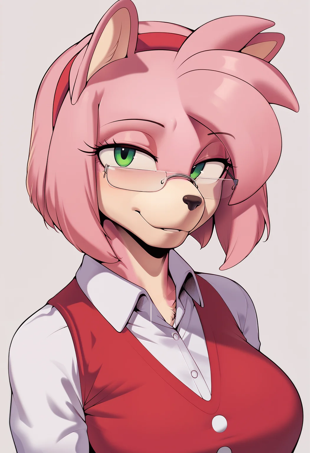 <lora:cervina7-guy-PONY-DORAv201:1> cervina7, score_9, score_7_up, 1girl, solo, furry, amy rose, collared shirt, glasses, looking at viewer, teacher, simple background, portrait