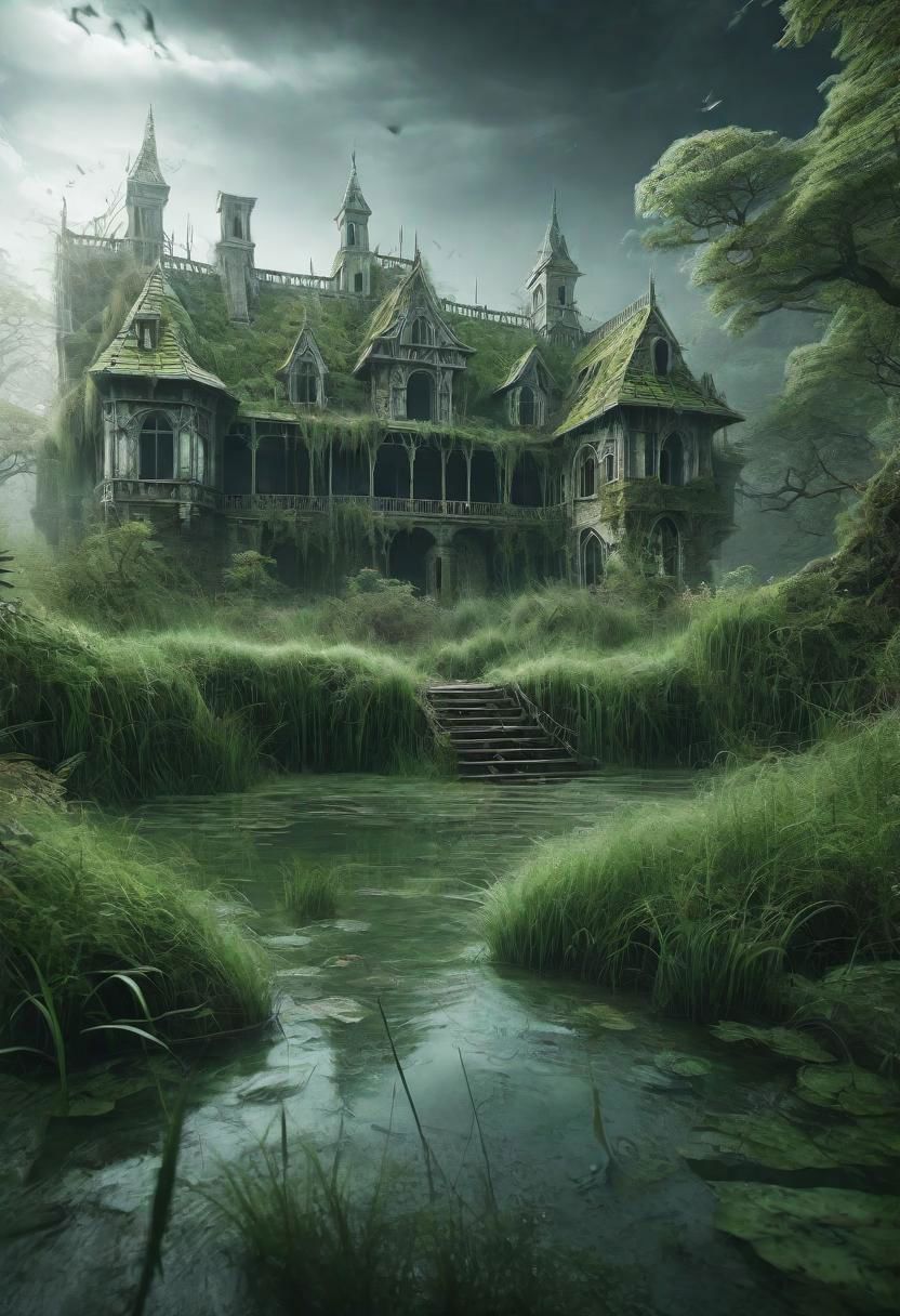 hd, 8k, masterpiece, award winning illustration  of an abandoned mansion covered with grass in a swamp, dungeons and dragons style, fantasy, group of adventurers outside, intricate details, heroic fantasy, spooky, fandist, GhostlyStyle