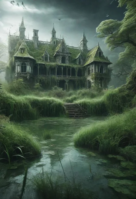 hd, 8k, masterpiece, award winning illustration of an abandoned mansion covered with grass in a swamp, dungeons and dragons style, fantasy, group of adventurers outside, intricate details, heroic fantasy, spooky, fandist, GhostlyStyle