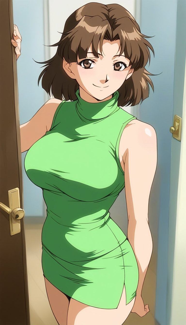 score_9, score_8_up, score_7_up, source_anime, rating_explicit, BREAK  <lora:Minami_Nadeshiko_Anime_XL:1> MinamiNadeshiko_Anime, brown hair, short hair, large breasts, brown eyes, parted bangs,
1girl, solo, turtleneck, skirt, sleeveless,  sleeveless turtleneck, pencil skirt, door, green shirt, smile, shirt, looking at viewer, indoors, sleeveless shirt