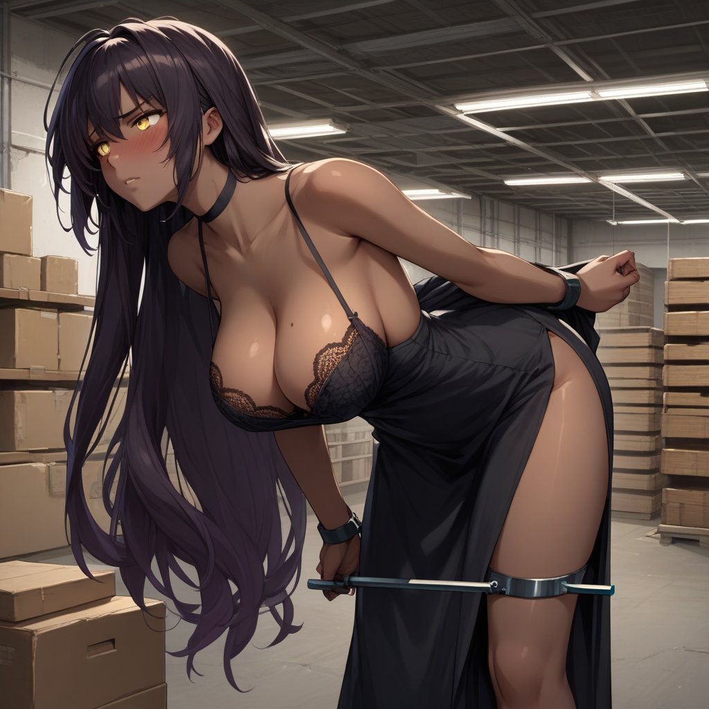 source_anime, score_9,score_8_up,score_7_up,score_6_up, (karin\(blue archive\):0.9), anime style, strappadoJ, strappado_XL, BREAK, solo focus, dark-skinned_female, yellow eyes, blush, blushing, 1woman, (wearing an evening_gown), evening_dress, sideless_dress, backless_dress, large breasts, breasts covered, lace_bra,, pubic_hair_peek (strappado:1.1), bent_over, (spreader_bar:1.2), hanging_breasts, monoglove, arched_back, legs_apart, big ass, blush, blushing, arms_behind_back, strappadoJ, warehouse, empty warehouse, abandoned,
