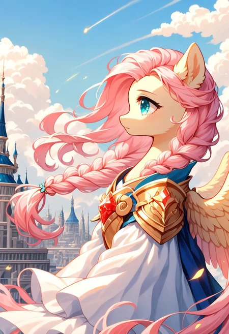 core_9, score_8_up, score_7_up, score_5_up, source_anime, (masterpiece, ultra-detailed, cinematic lighting), pony, Fluttershy, side profile, (dynamic pose), soft and feminine facial features, delicate and expressive amber eyes, long flowing pastel-pink hair braided elegantly, fluffy fur, (elegant wings), wearing intricate golden armor with glowing red gem centerpiece, warm light reflecting on the armor, dramatic and regal pose, gloomy cityscape in the background with tall gray buildings, foggy and mysterious atmosphere, muted and soft color palette.