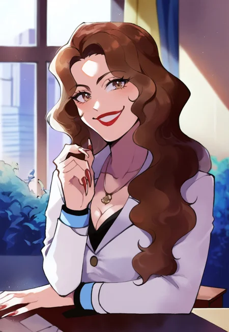 safe_pos, score_9, score_8_up, score_7_up, masterpiece, source_anime,detailed, sexy pose:1.1,(cowboy shot:1.1), detailed, perfect anatomy, perfect body, (perfect hands:1.2), indoors, doctor's office, solo
BREAK
natsumip1, long hair, wavy hair, slickback hair, brown hair, (strands of hair:0.7),doctor coat, cleavage, medium boobs, necklace, lipstick, long nails, painted nails, small wrist watch, flirty pose, smile, (tilted head:0.9), (flirty:1.1)