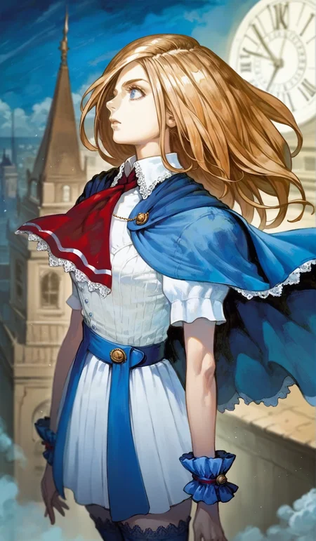 score_9,score_8_up,score_7_up,
highres,highly detailed,
<lora:CharlotteAulin:1>,
charlotteaulin,
1girl,solo,
brown hair,long hair,
blue eyes,looking to the side,
blue cape with white lace trim,white dress,white lace trim collar,red tie with white lace trim,short puffed sleeves,blue wrist cuffs,(blue wrap skirt:1.1),
blue lace thigh socks,
from rooftop,back view,from above,overlook,
full moon,blurry background,vignetting,outdoors,dark,light particles,bell tower in the background,(night:1.2),cloudy,fog,clock tower,big bam,london,