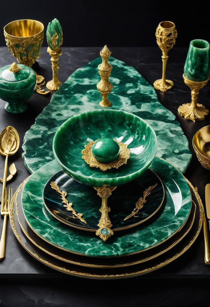 made from jade and obsidian, jade, obsidian,score_9, score_8_up, score_7_up, expensive looking,dining table, noble cutlery, gold, crystal