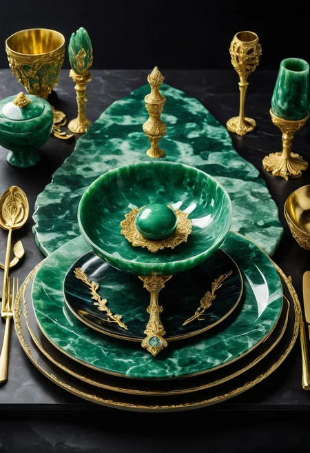 made from jade and obsidian, jade, obsidian,score_9, score_8_up, score_7_up, expensive looking,dining table, noble cutlery, gold, crystal
