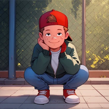 score_9, score_8_up, score_7_up, squatting, Expressiveh, young, looking at viewer, perfect face, colorful, dramatic angle,  school yard, bluejeans, school building in background, , smile, red hat, backwards hat, shirt, jacket, brown hair, freckles, 1boy, solo