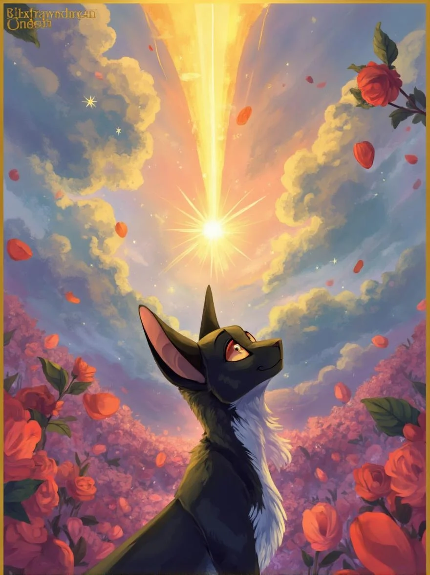 <lora:ck-LttleGhost-000011.safetensors:1> in the style of ck-lttlegh0stA black cat gazes up at a golden beam of light amidst a dreamy backdrop of rose petals and pastel hues, surrounded by stars and wispy clouds, rendered with soft brushstrokes for a mystical atmosphere.