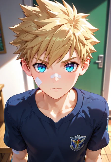 masterpiece, best quality, , (3d:0.4), looking at viewer, , 1boy, solo, male focus, <lora:connor_bleufin_ilxl:0.9>, connor_bleufin, blonde hair, blue eyes, short hair, spiked hair, bandaid on face, , ,