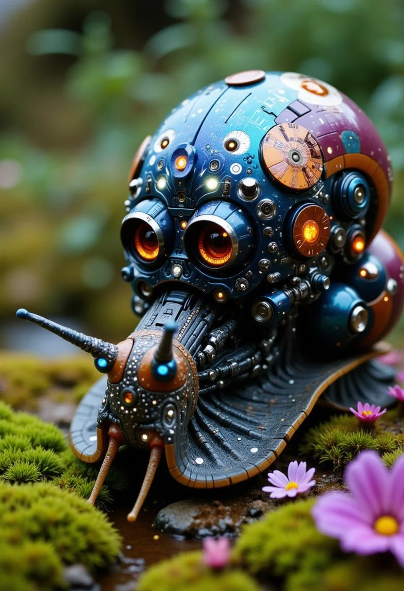 A close up of a snail with a cyborg shell, mossy, flowers, colorful,  sparkling, cyborg snail robot
