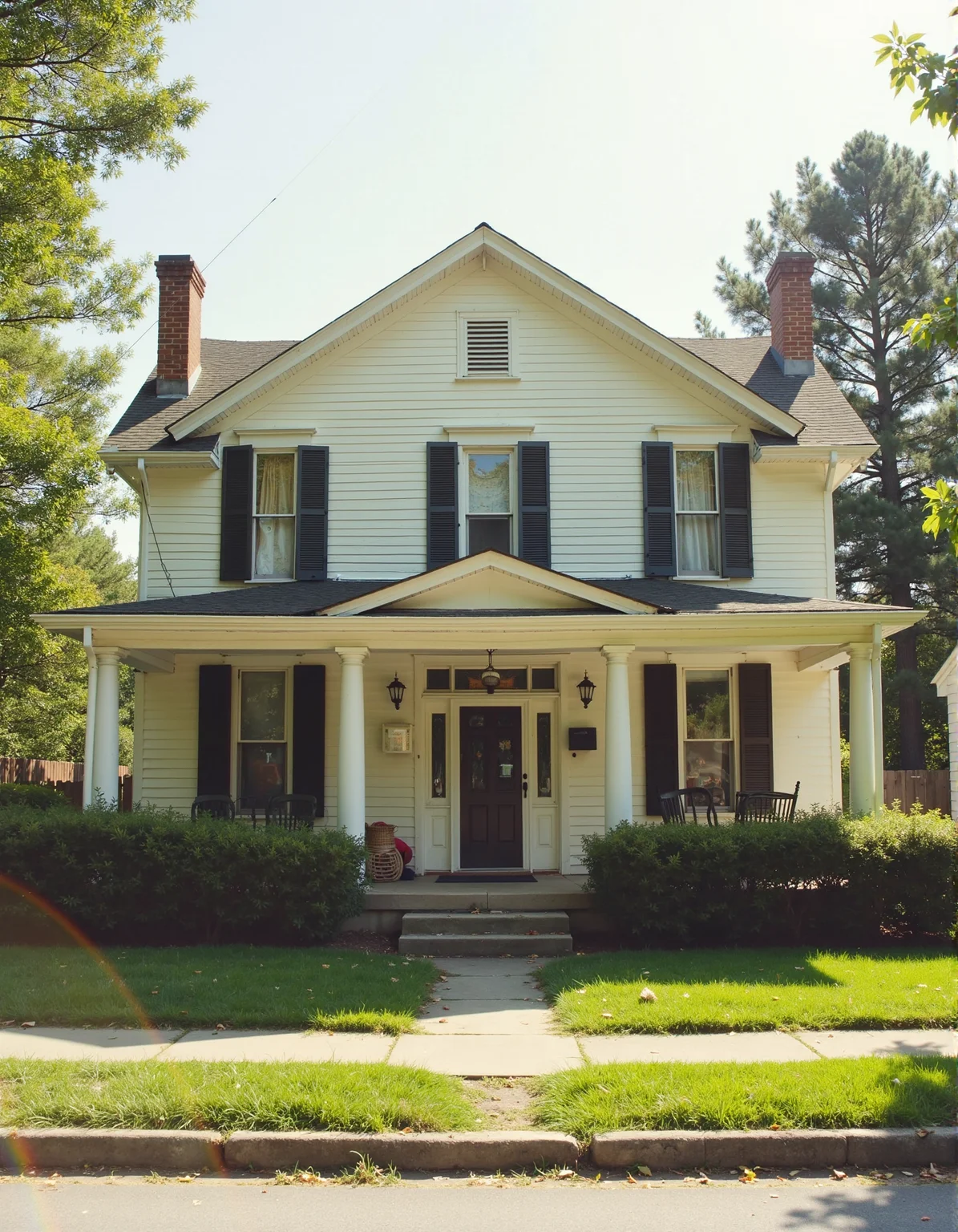 A picture of a neat, large, two story house in the summer. In a charming and quaint suburban neighborhood. Large pillars out front, short grass, simple landscaping. <lora:retrograde-80s:0.6> retr0grade80s