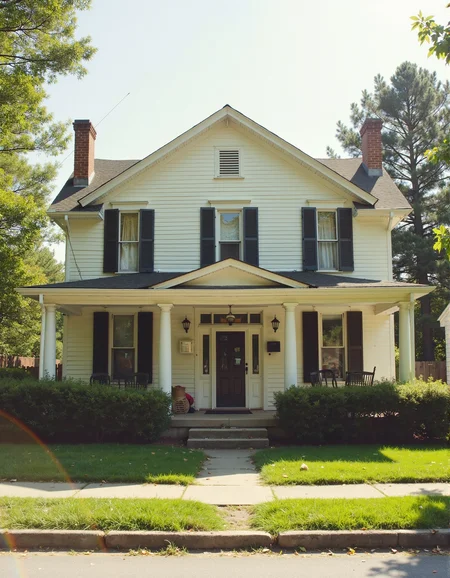 A picture of a neat, large, two story house in the summer. In a charming and quaint suburban neighborhood. Large pillars out front, short grass, simple landscaping. <lora:retrograde-80s:0.6> retr0grade80s