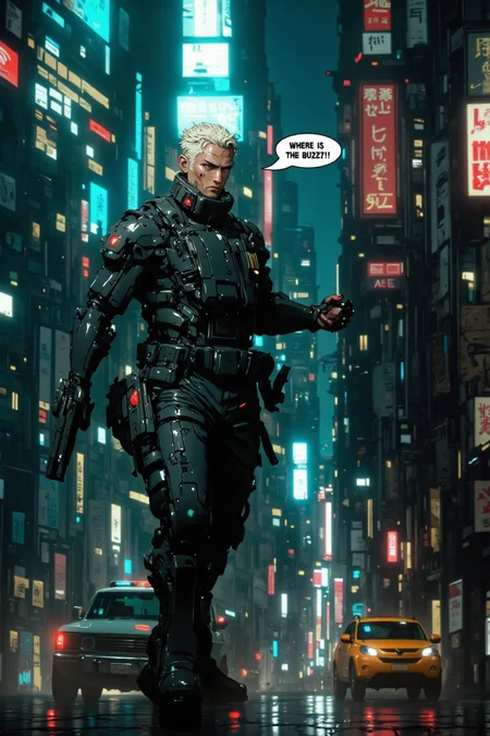 1boy saying on a speech bubble: âWhere is the Buzz?!â!â, building, city, city lights, cityscape, cyberpunk, gun, handgun, holding gun, holster, night, pistol, police, realistic, science fiction, skyscraper, weapon, <lora:FluxMythP0rtr4itStyle:1> mythp0rt <lora:test2:1> nistyle <lora:flux.1_lora_flyway_Epic-detail_v2:1> <lora:CPA:1> anime, cyberpunk,