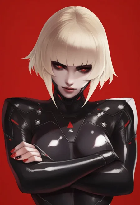 illustriousmonorirogue, masterpiece, best quality, highres, absurdres BREAK 1girl, bangs, black nails, blonde hair, bodysuit, crossed arms, fingernails, looking at viewer, nail polish, red background, red nails, solo, upper body,  <lora:MonoriRogue_Style_-_Illustrious:1>