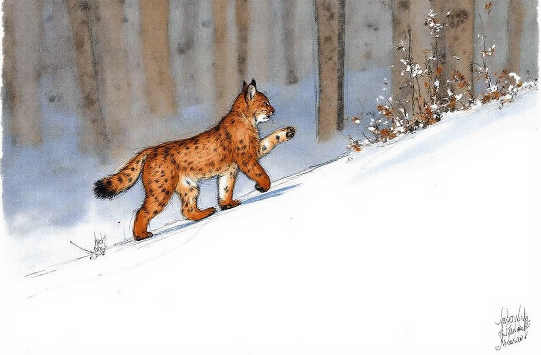Sharp image of a rough sketch, rendered in vibrant multi colour ballpoint pen, capturing the adorable features of a portait of a lynx walking on a snow-covered hill. The lynx is facing towards the right side of the image, with its front paws in the air and its tail curled around its body. Its fur is a mix of brown and black spots, and its eyes are focused intently on something in the distance. The background is blurred, but it appears to be a wooded area with trees and bushes. The snow is deep and untouched, and the lynx's fur is glistening in the sunlight.  p3nsk, <lora:p3nsk:1>