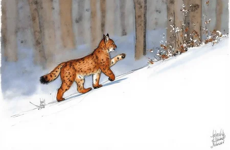 Sharp image of a rough sketch, rendered in vibrant multi colour ballpoint pen, capturing the adorable features of a portait of a lynx walking on a snow-covered hill. The lynx is facing towards the right side of the image, with its front paws in the air and its tail curled around its body. Its fur is a mix of brown and black spots, and its eyes are focused intently on something in the distance. The background is blurred, but it appears to be a wooded area with trees and bushes. The snow is deep and untouched, and the lynx's fur is glistening in the sunlight.  p3nsk, <lora:p3nsk:1>